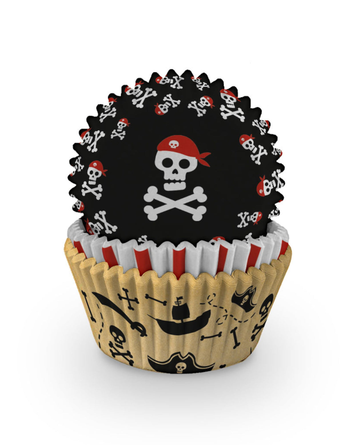 Moules à cupcakes en papier pirate pour anniversaire noir et beige avec têtes de mort