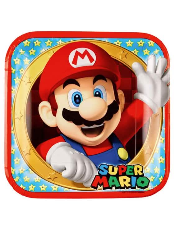 farfurii din carton Super Mario pentru petrecere roșii și albastre cu motiv stele