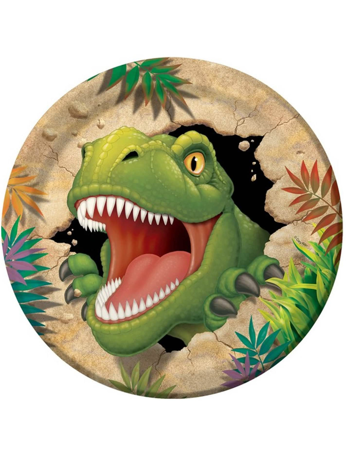 Farfurii din carton aniversare dinozauri verde cu motiv de T-Rex cu gura deschisă