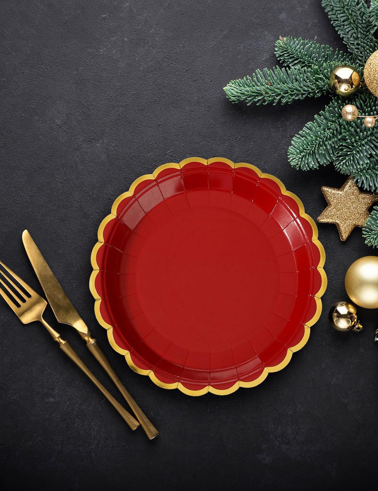 8 farfurii de carton roșii și aurii, festonate, 23 cm de Crăciun