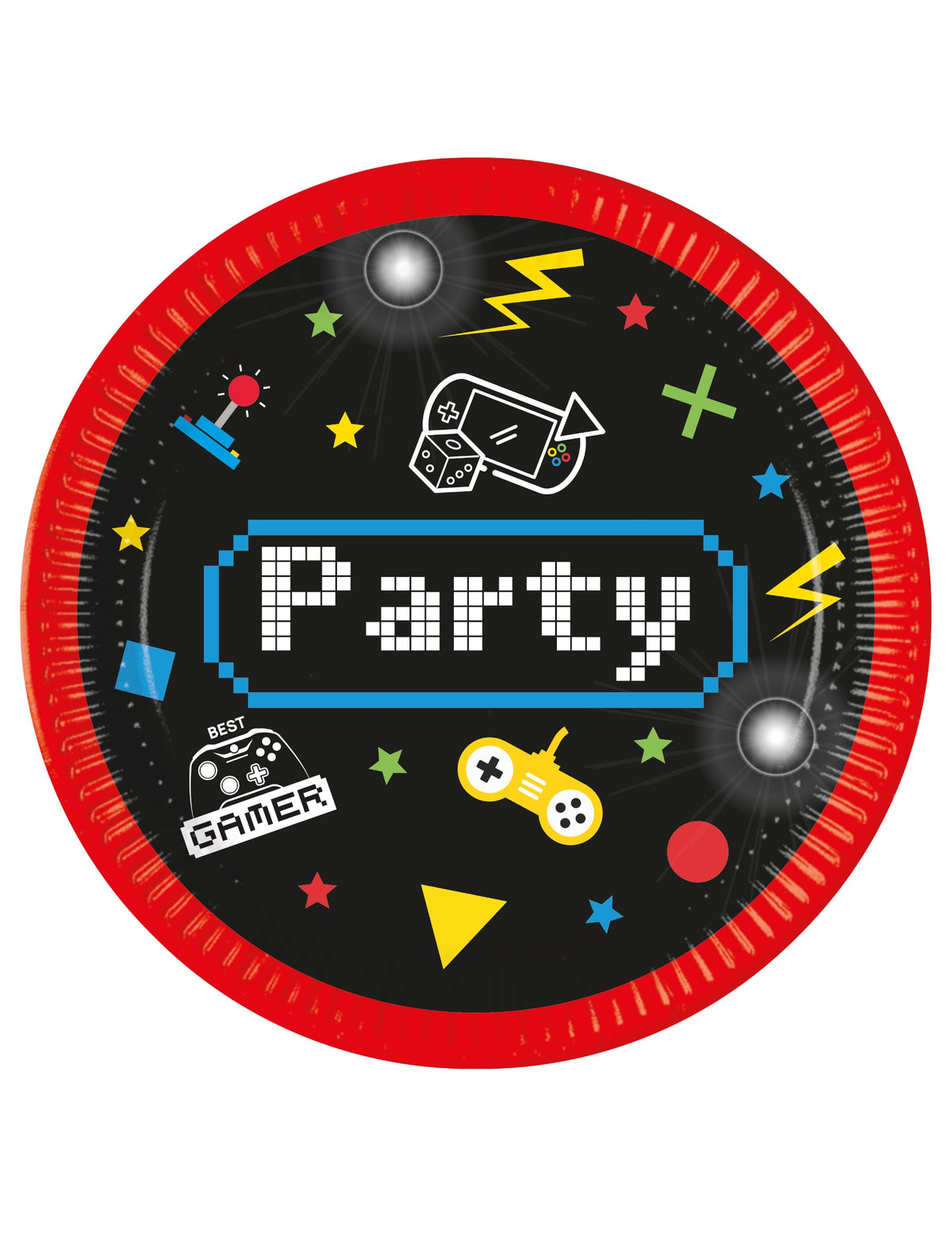 Assiettes en carton Gaming Party pour anniversaire noir et rouge avec motifs pixels