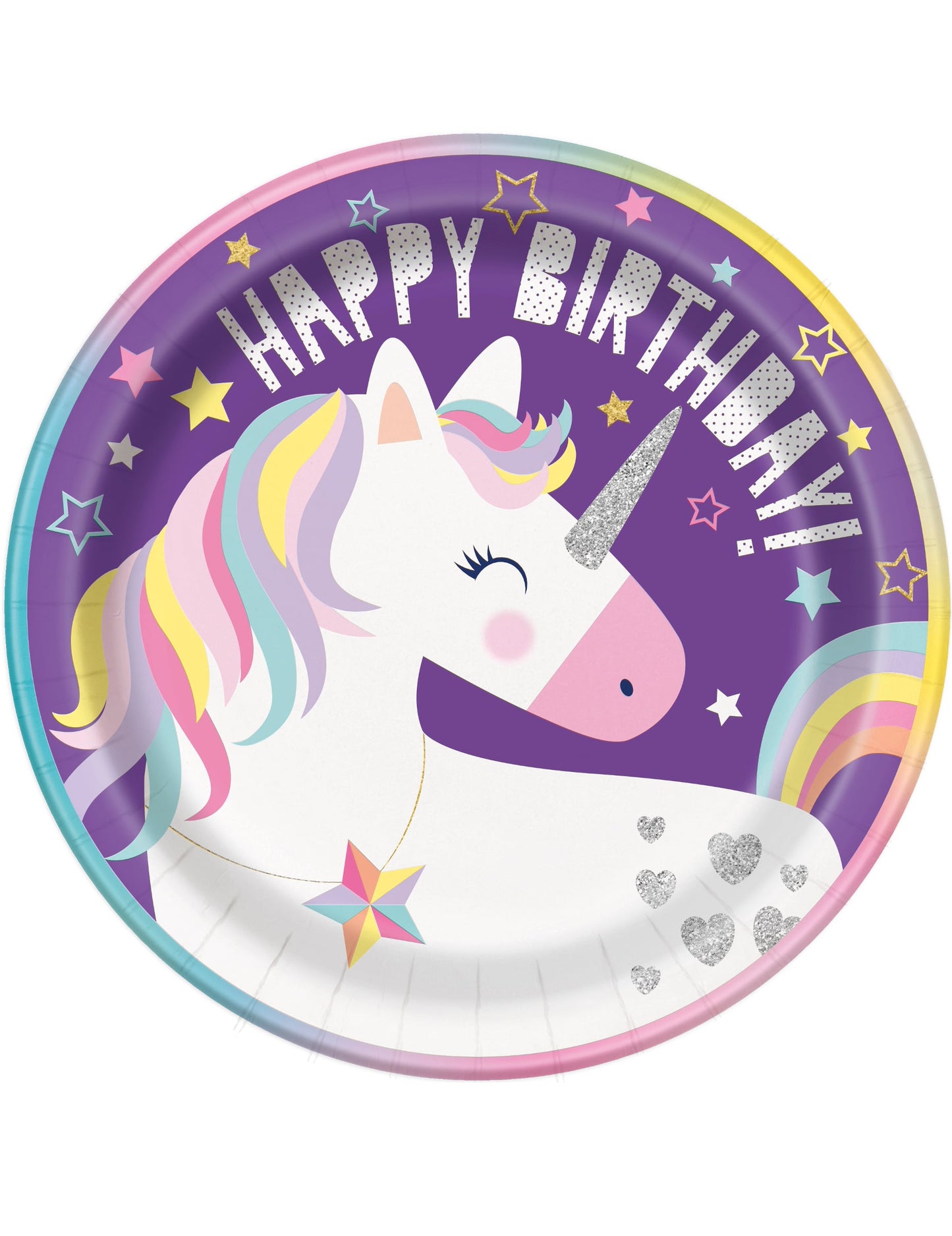 Assiettes en carton Happy Birthday licorne party pour anniversaire fille violettes avec détails pailletés
