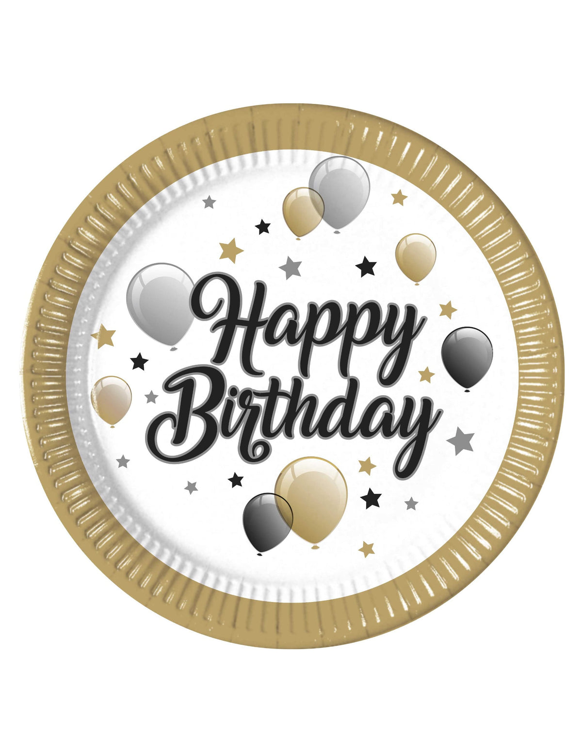 farfurii din carton Happy Birthday pentru aniversare auriu negru și argintiu