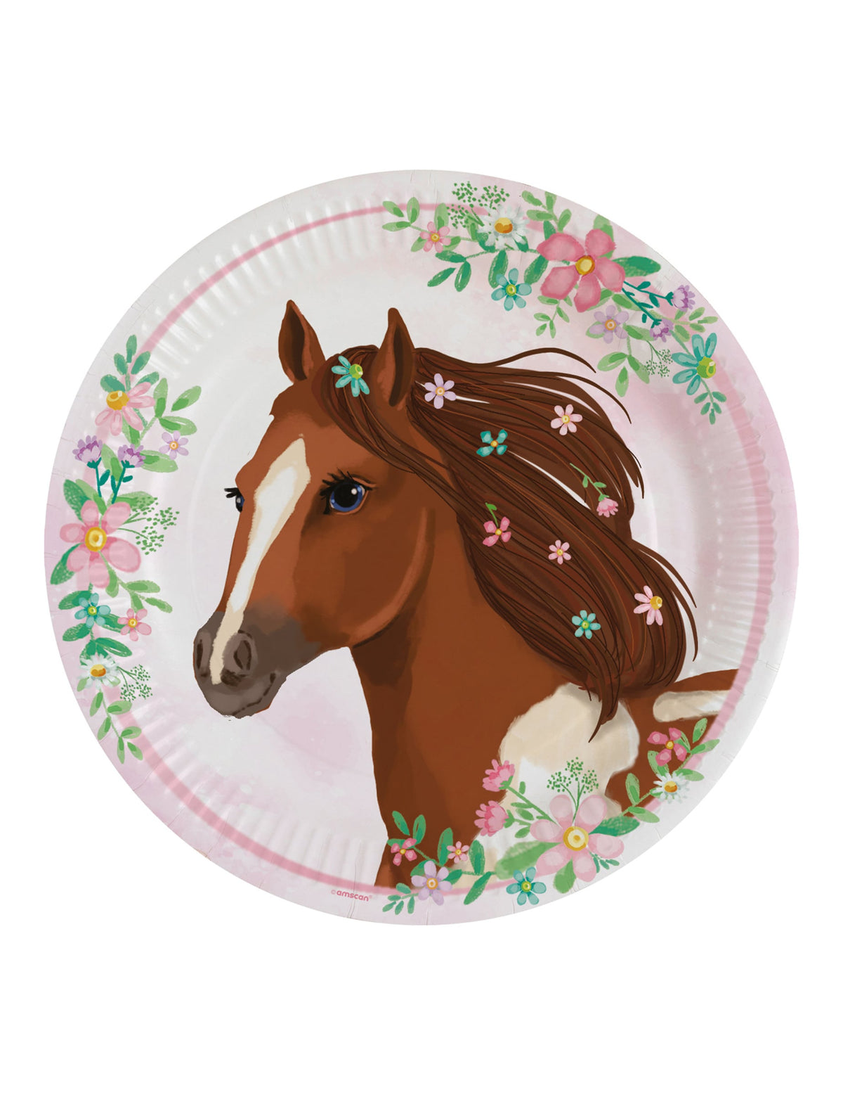 Assiettes en carton joli cheval pour anniversaire rose et blanc avec fleurs
