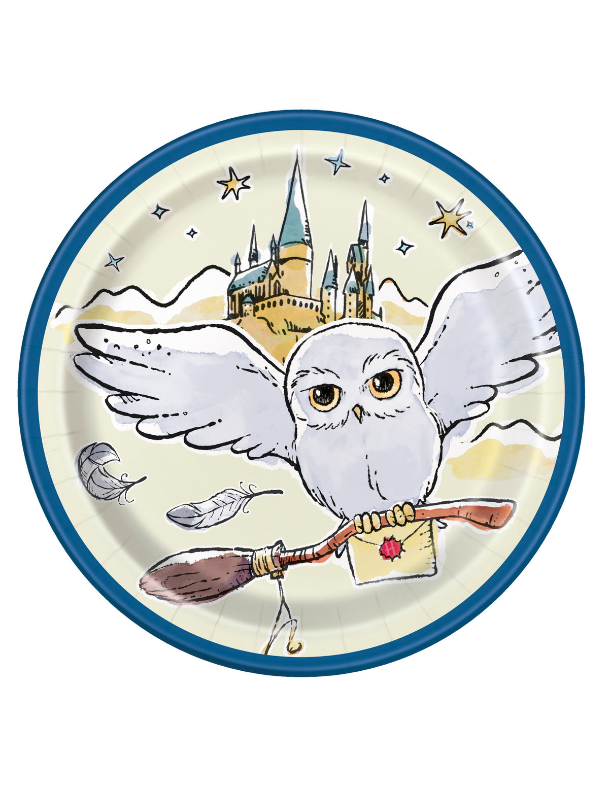 Petites assiettes en carton Harry Potter pour enfant bleu avec chouette Hedwig et château de Poudlard