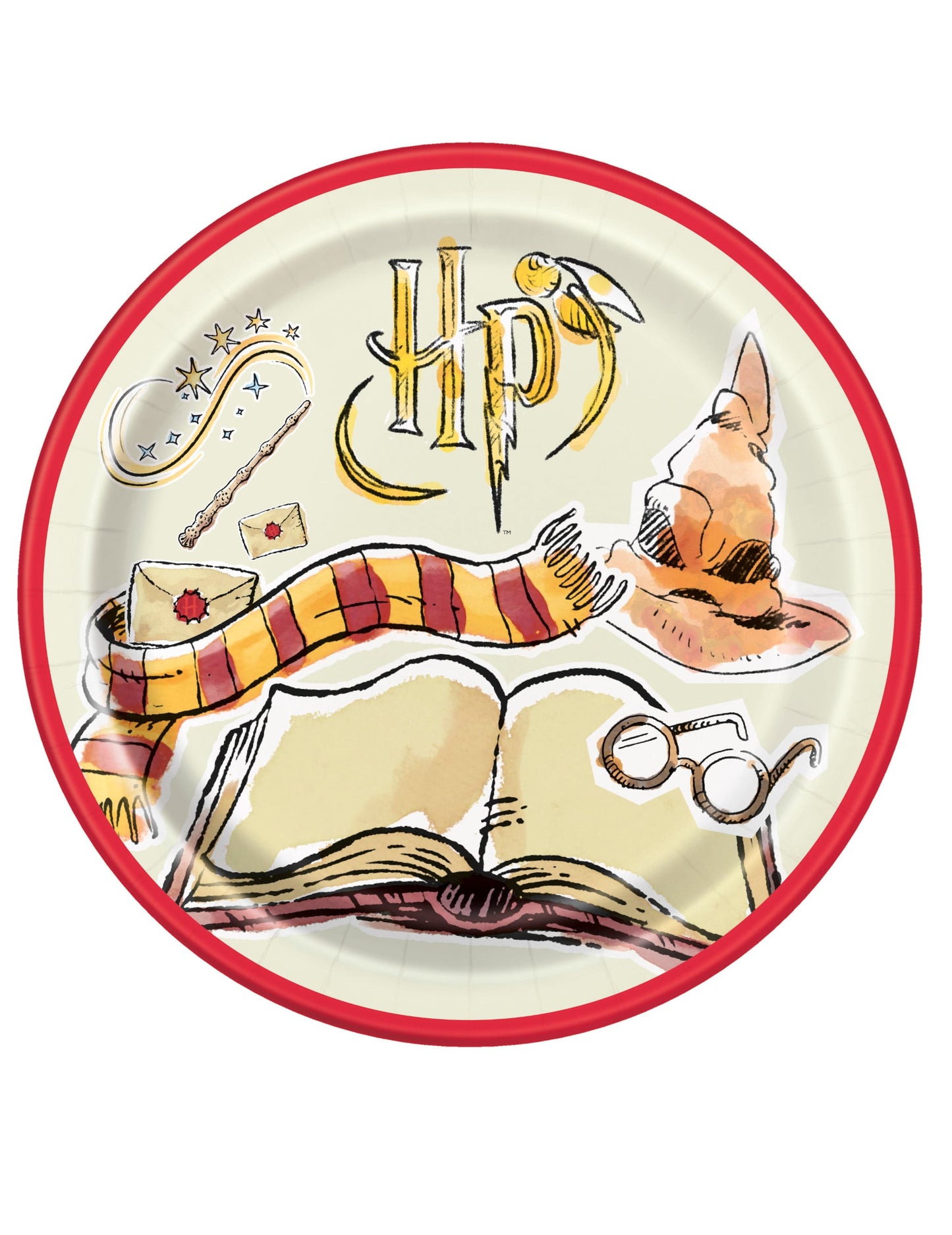 Assiettes en carton Harry Potter pour fête crème avec bordure rouge et motifs illustrés