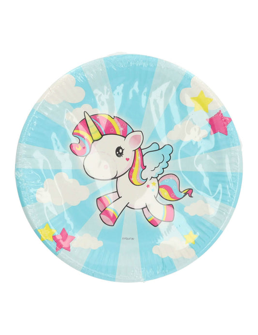 Gros plan sur le motif des assiettes en carton licorne pour anniversaire