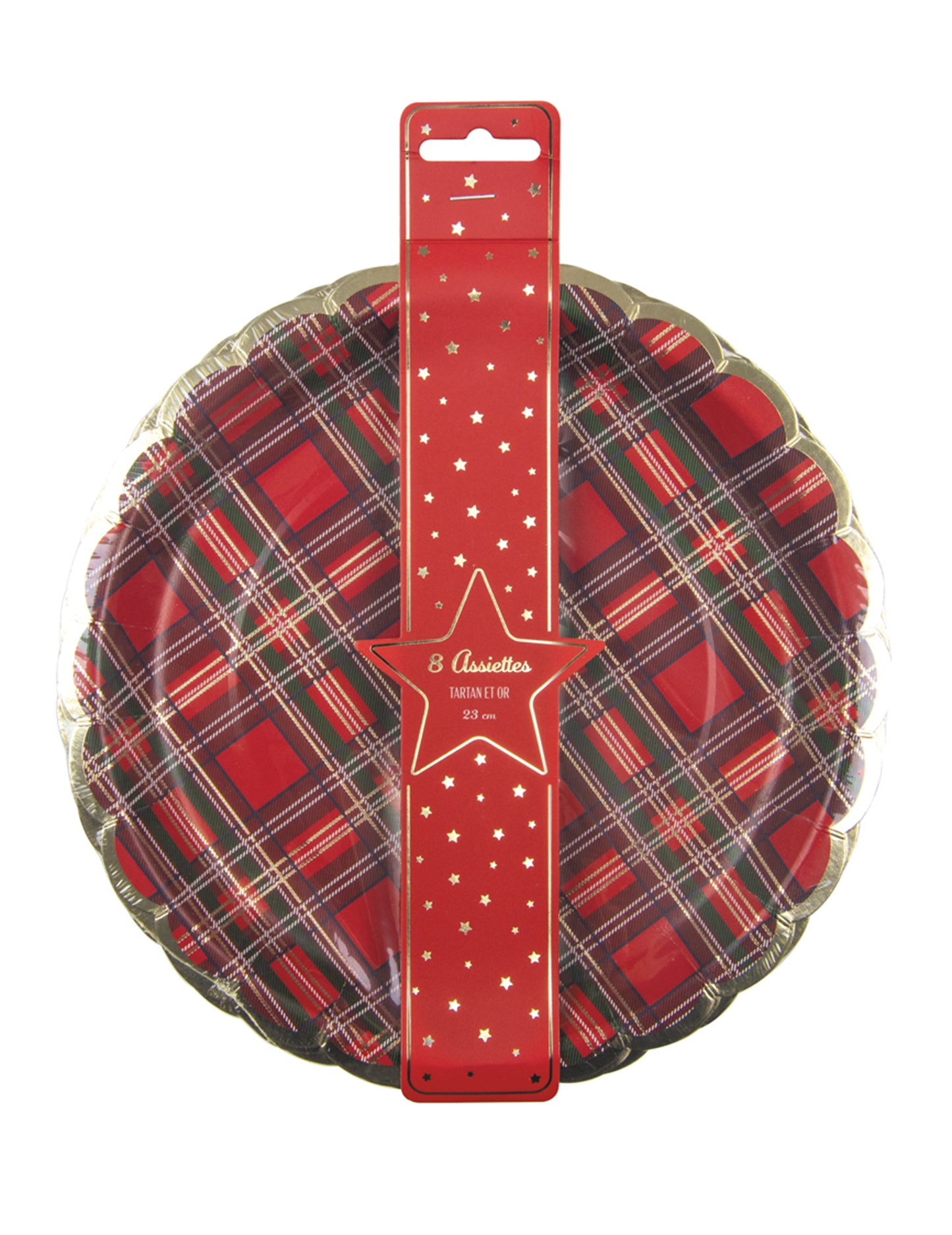 8 farfurii de carton festonate cu model tartan de Crăciun 23 cm bordură aurie
