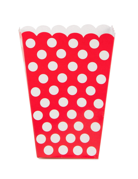 Vue de face de la boîte à pop corn rouge à pois blanc
