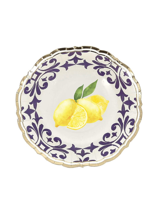 8 boluri din carton în formă de lămâie, în albastru regal, galben, alb și auriu, 13,5 cm, cu model floral mediteranean