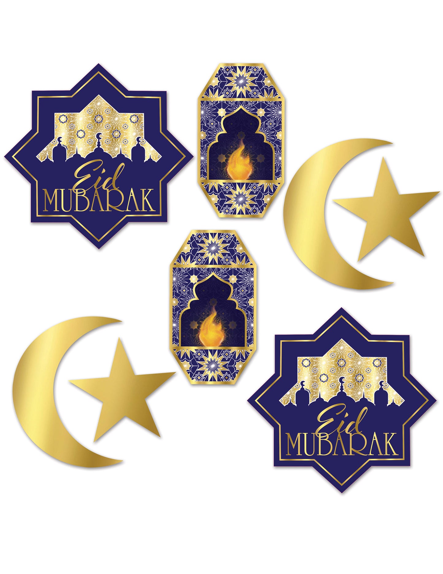 8 decorațiuni, luni și felinare din carton, albastre și aurii, pentru Eid Mubarak