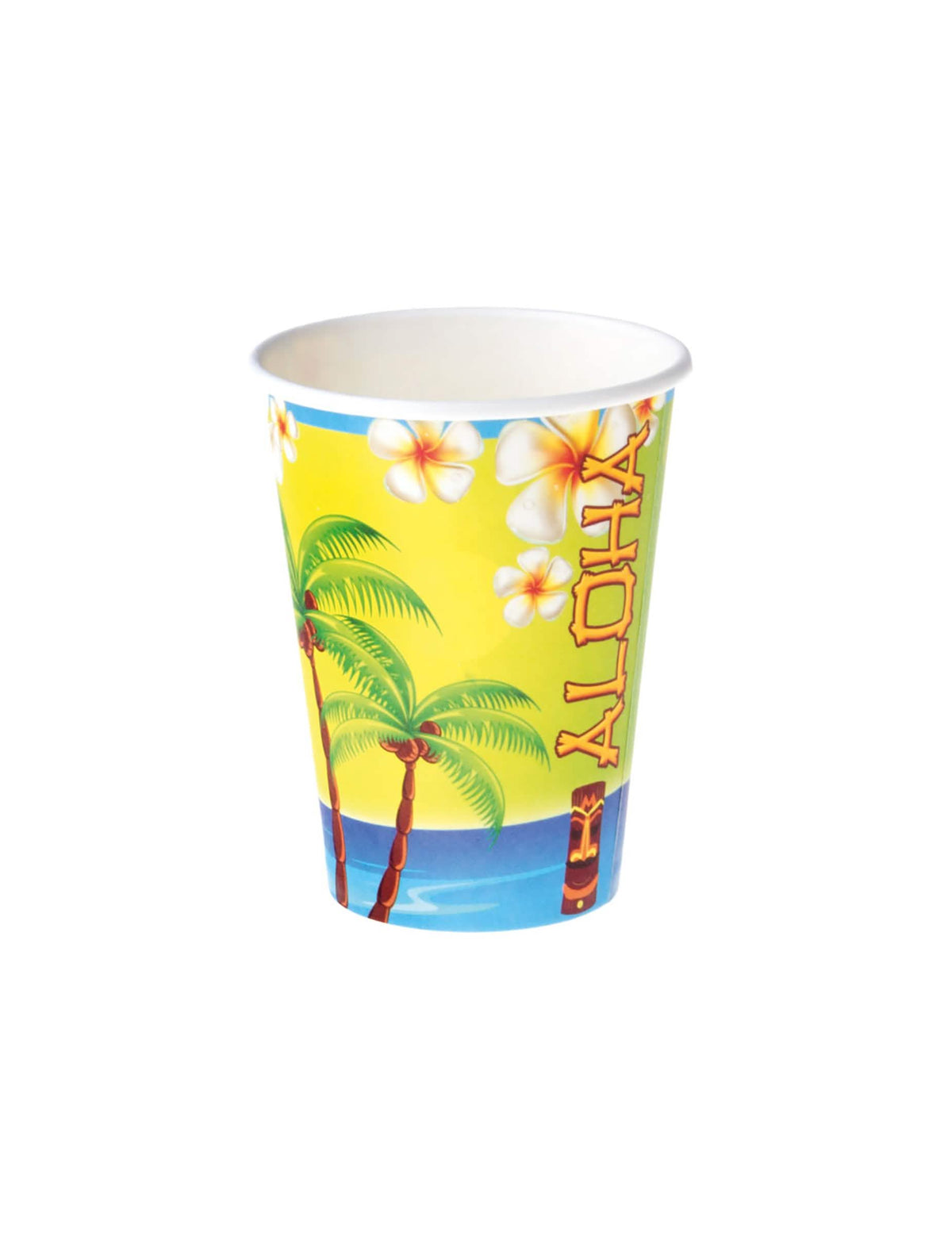 Pahare din carton Aloha pentru petrecere, galbene, cu motive de palmieri și flori
