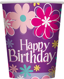 Pahare din carton Happy Birthday pentru petrecere, violete cu flori