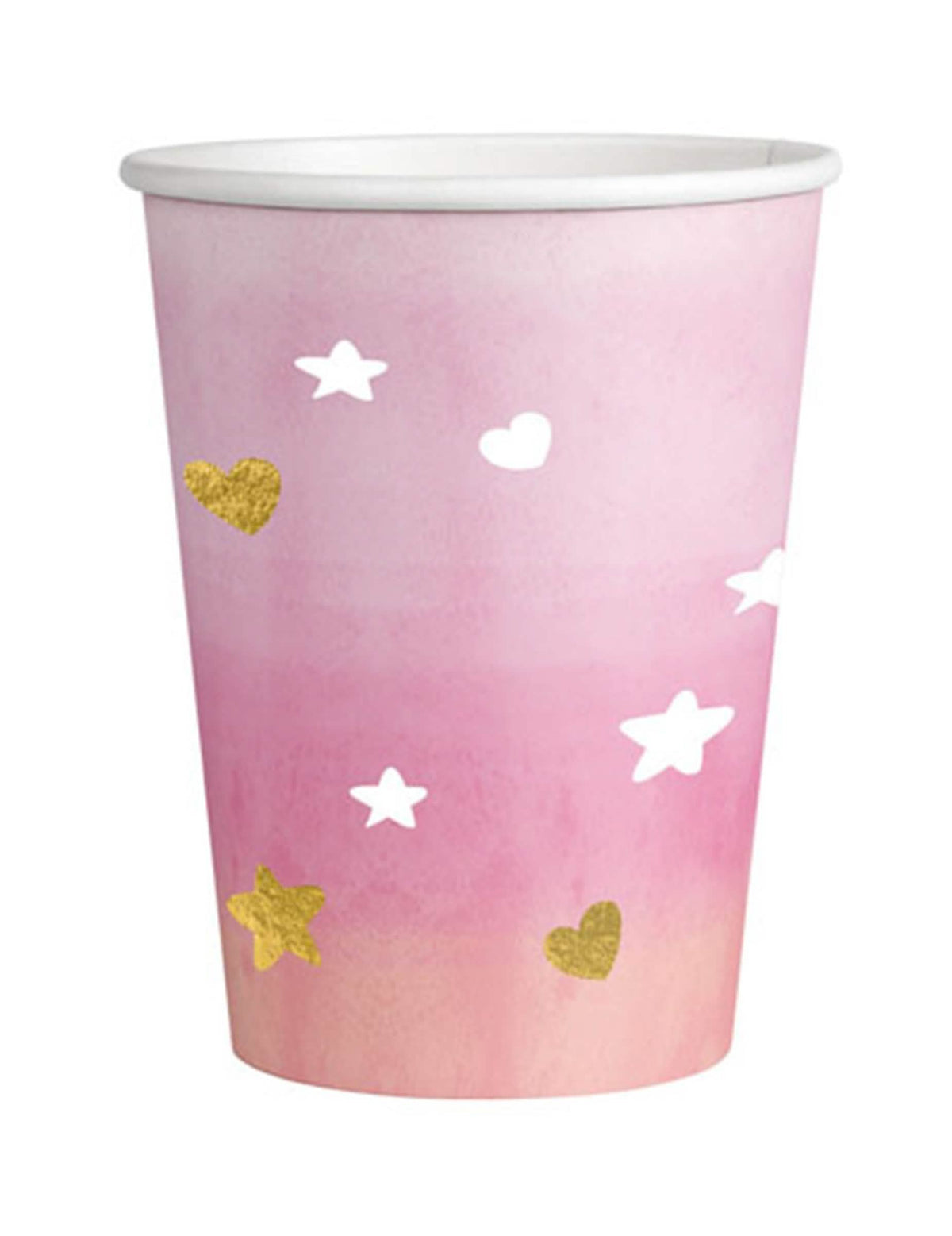 Pahare din carton oh baby pentru baby shower roz și auriu cu motive de stele și inimi