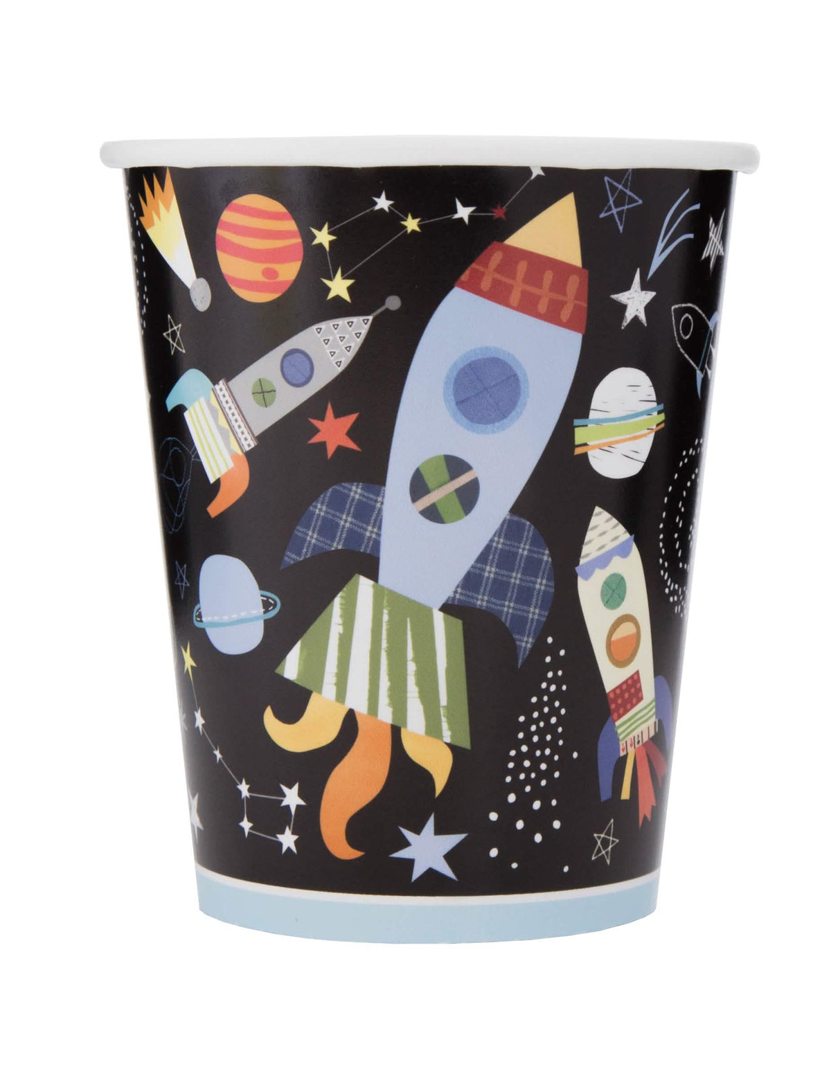 Pahar din carton universal pentru copil negru cu rachete și planete colorate