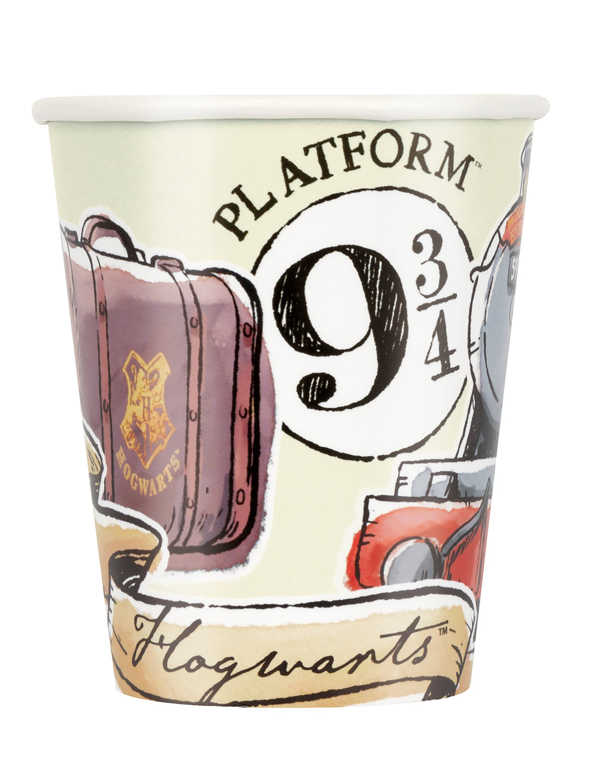Gobelets en carton Harry Potter pour fête beige avec illustrations Quai 9 3/4 et valise