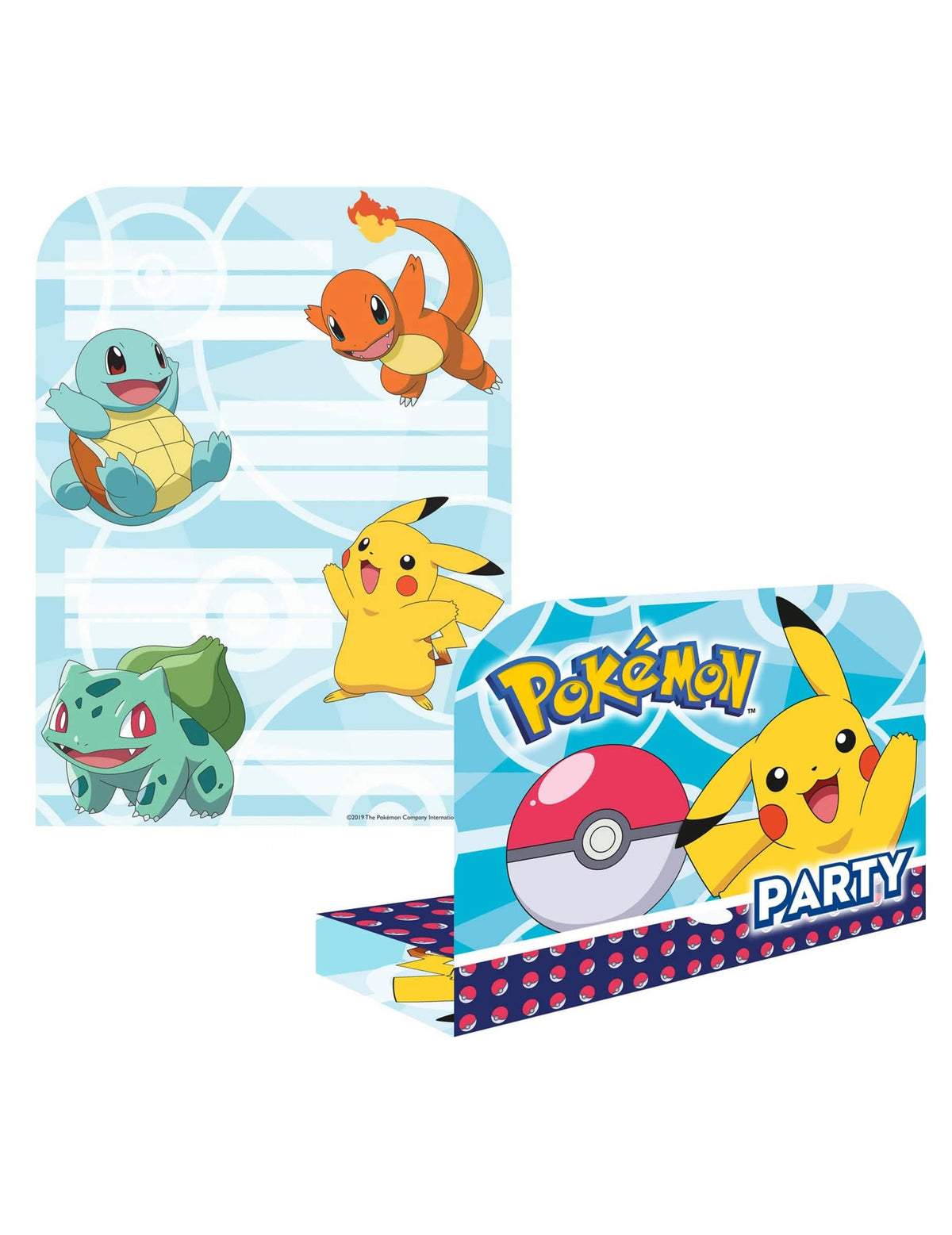 Invitații și plicuri Pokémon pentru copil albastre cu Pikachu Salamèche Carapuce și Bulbizarre