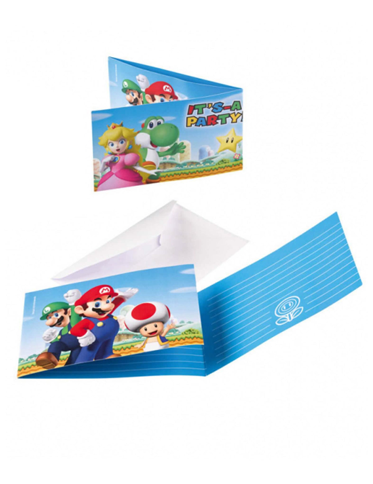 Invitații și plicuri Super Mario pentru copil albastre cu personaje și plicuri albe