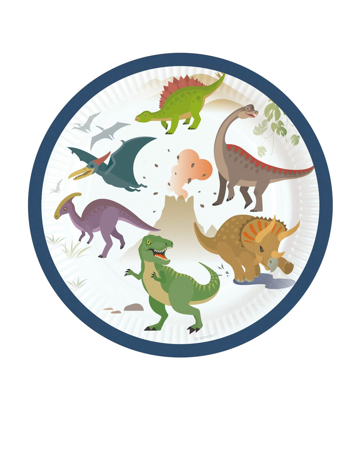 farfurii din carton cu dinozauri mari pentru aniversare, cu modele de dinozauri colorați și vulcan