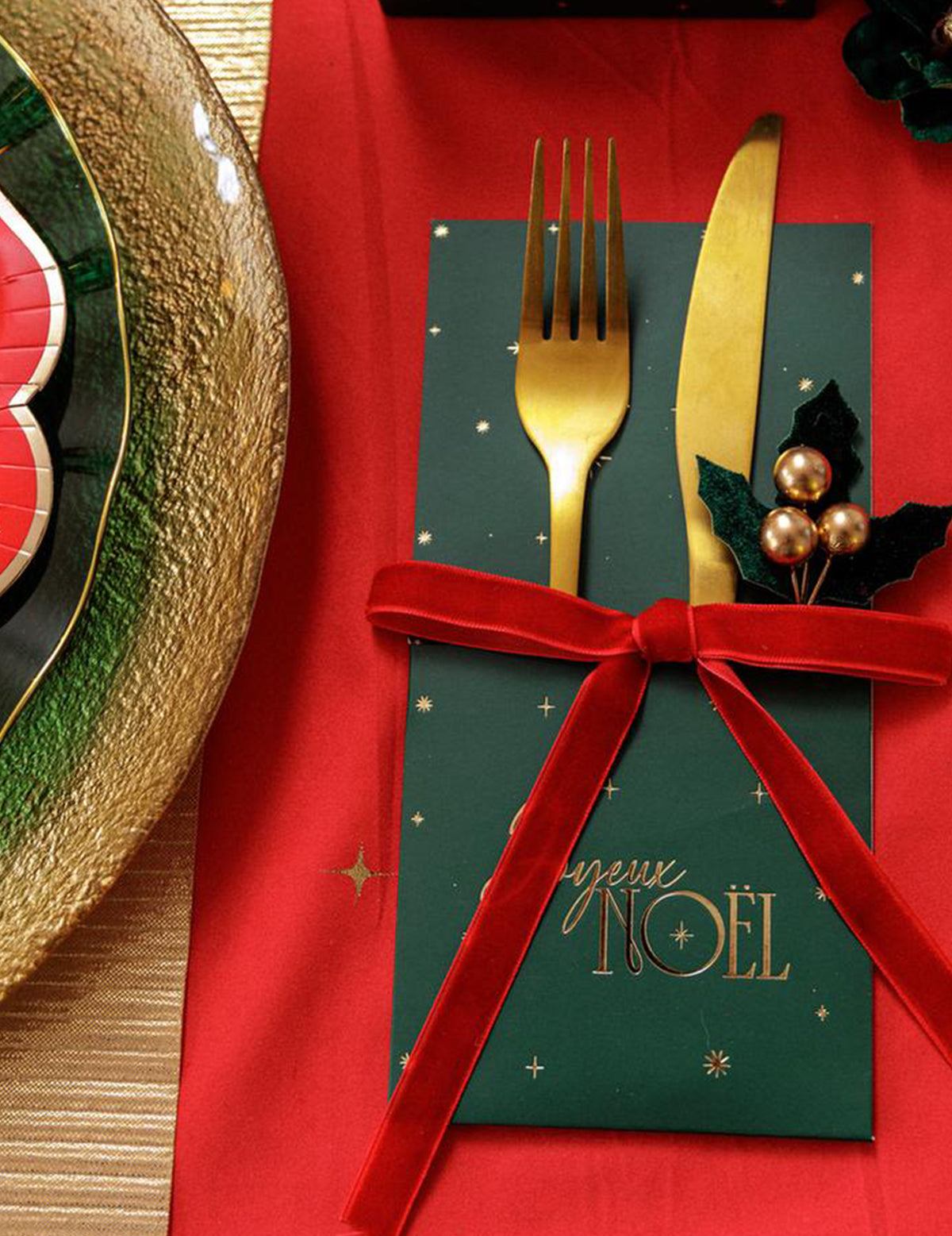 8 porte-couverts Joyeux Noël L'Intemporel vert anglais et or 10 x 20 cm