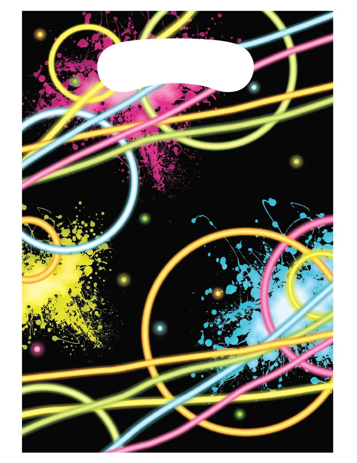 pungi cadou din plastic Glow Party pentru petrecere negru cu motive neon multicolore