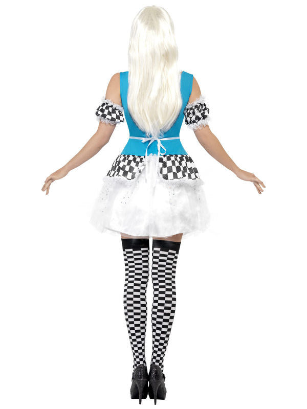 Costum de poveste Alice pentru femei, strălucitor, albastru deschis-alb-negru