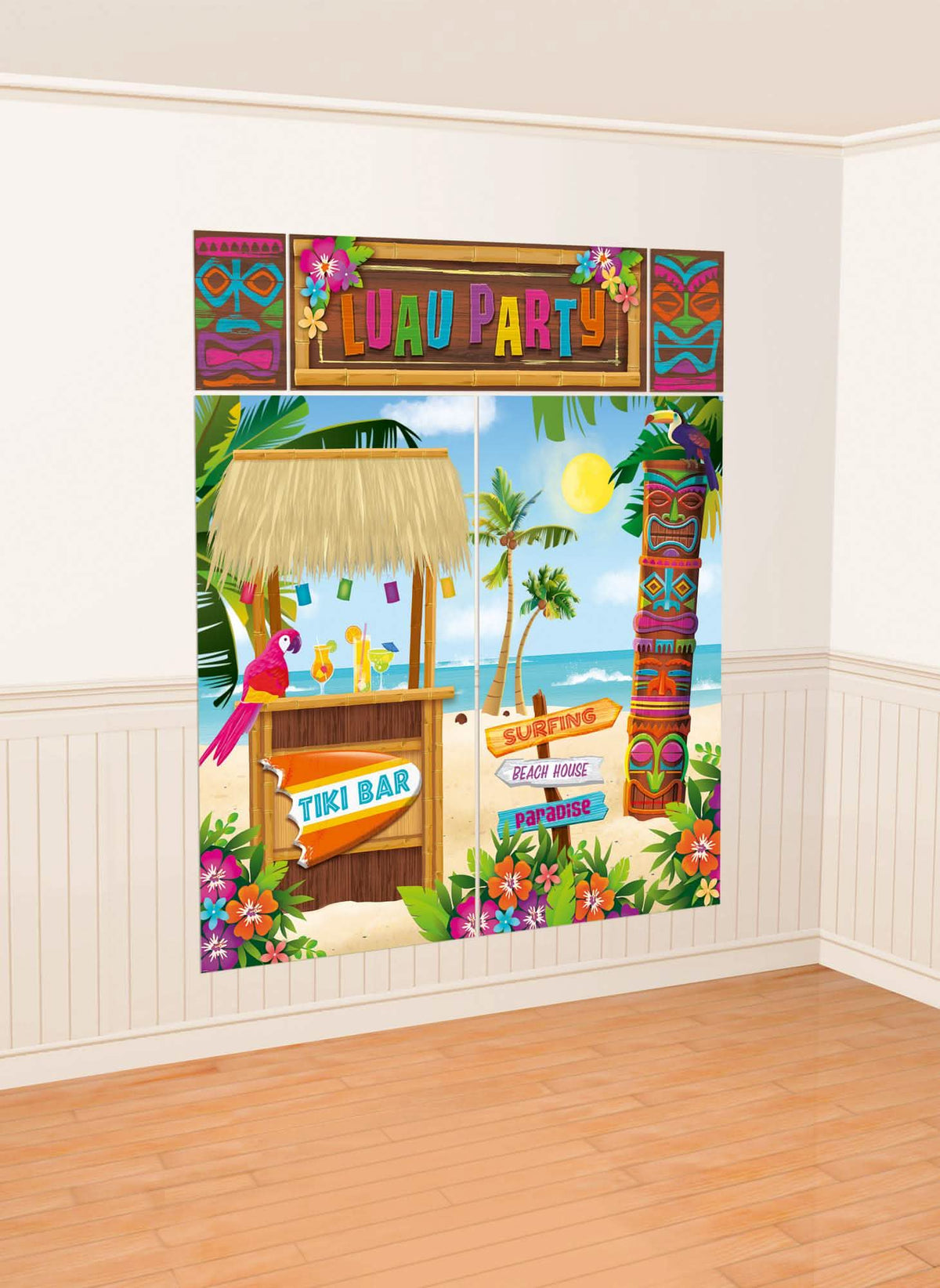 fundal hawaii pentru petrecere, kit de 5 postere cu tiki bar și totem multicolor