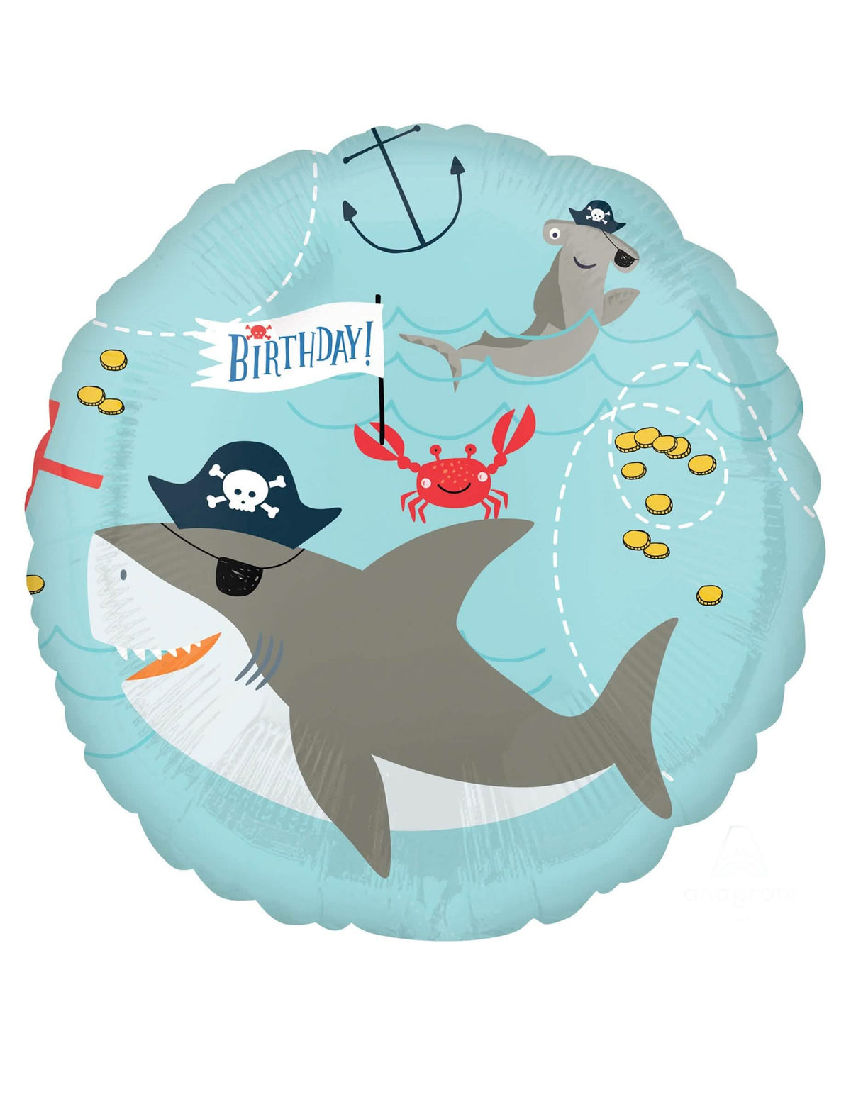 Ballon aluminium anniversaire pirate requins pour enfant bleu avec requins pirates et crabe
