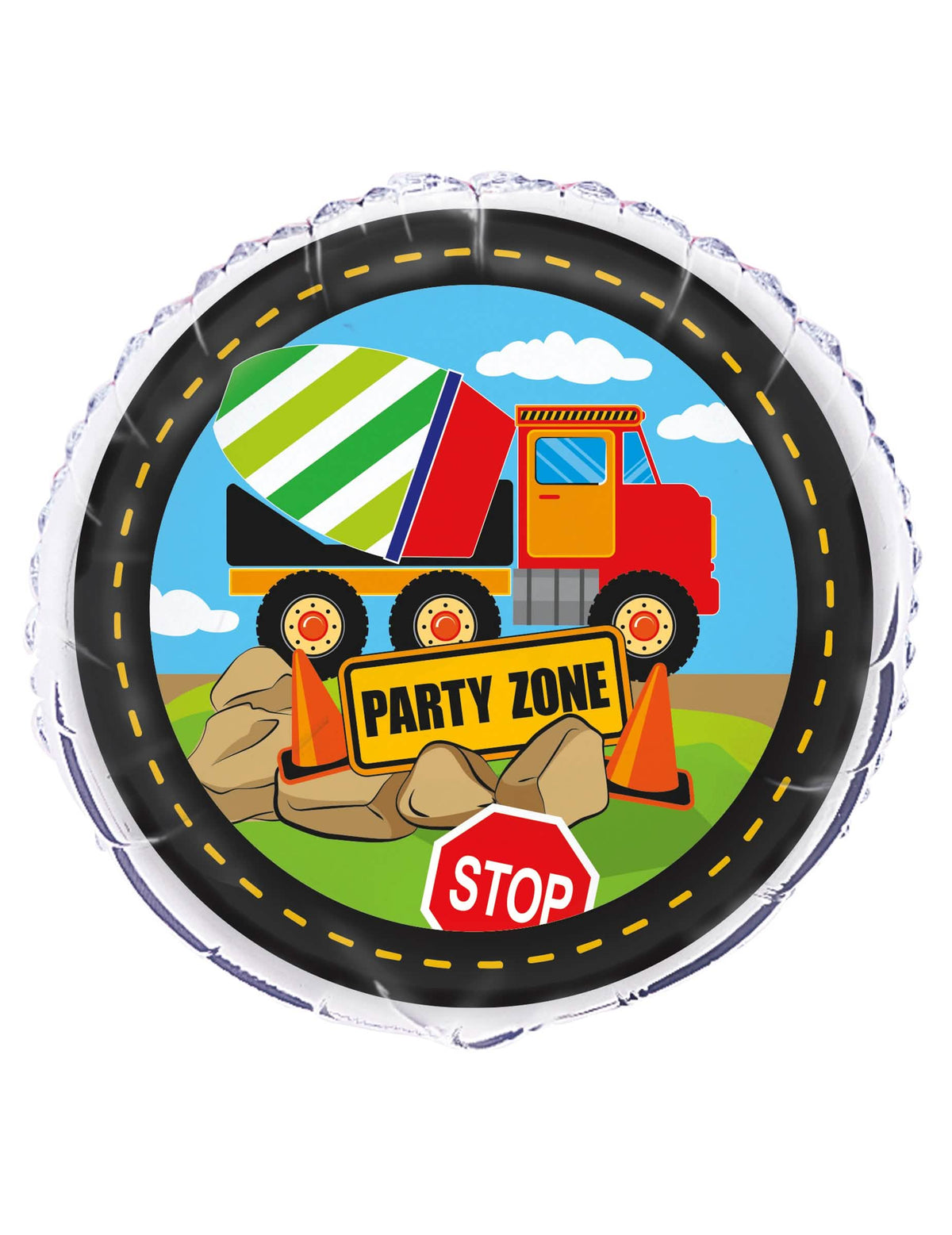 Ballon aluminium chantier pour enfant multicolore avec motif de camion toupie et panneaux