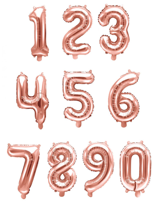 Vue de l'ensemble des chiffres de 0 à 9 du ballon aluminium chiffre pour fête rose gold