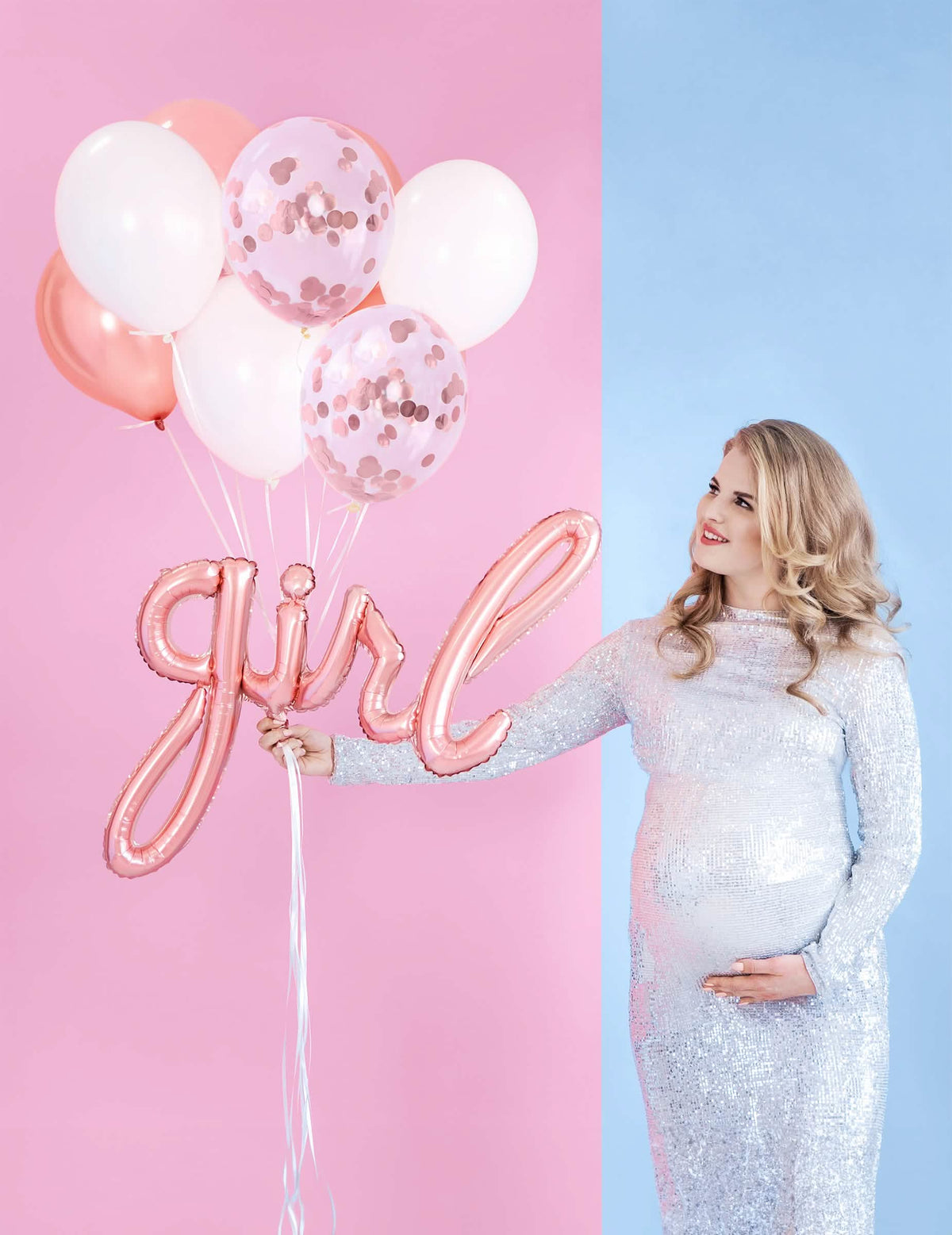 Decor pentru gender reveal cu femeie însărcinată și balon din aluminiu girl auriu roz