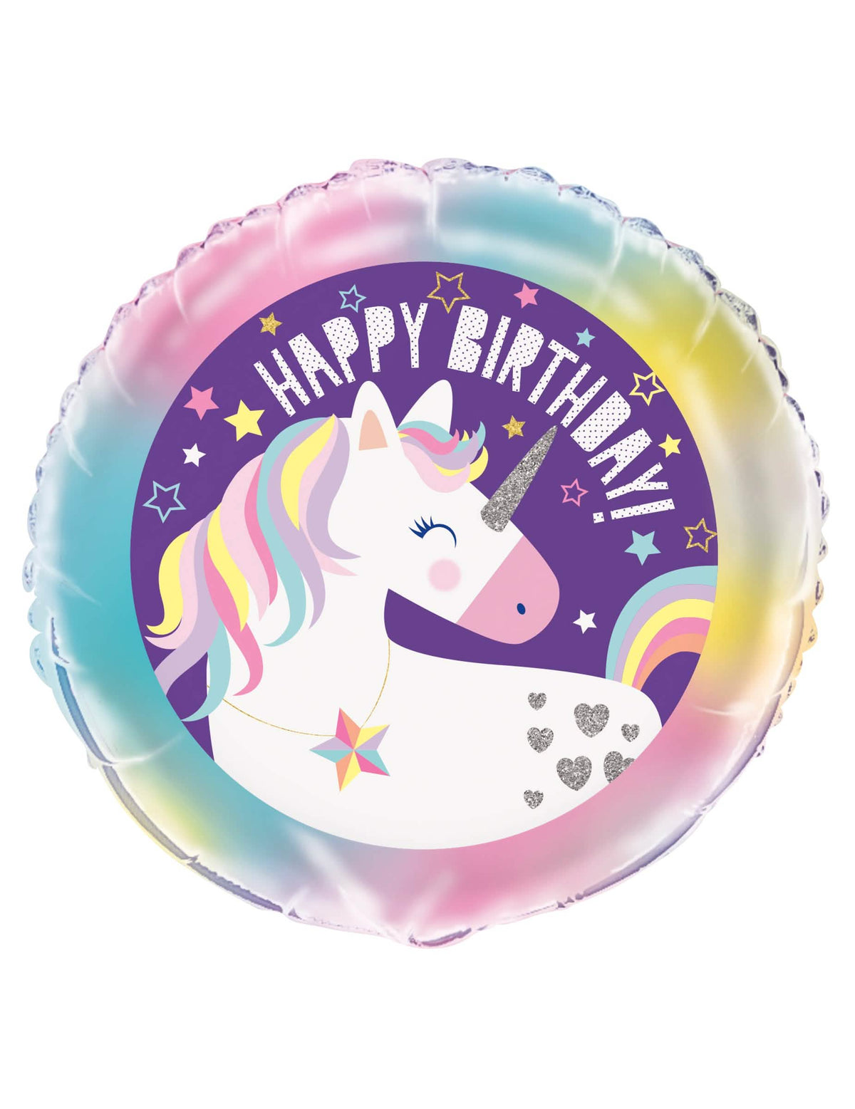 Balon din aluminiu Happy Birthday cu unicorni pentru copil mov și multicolor