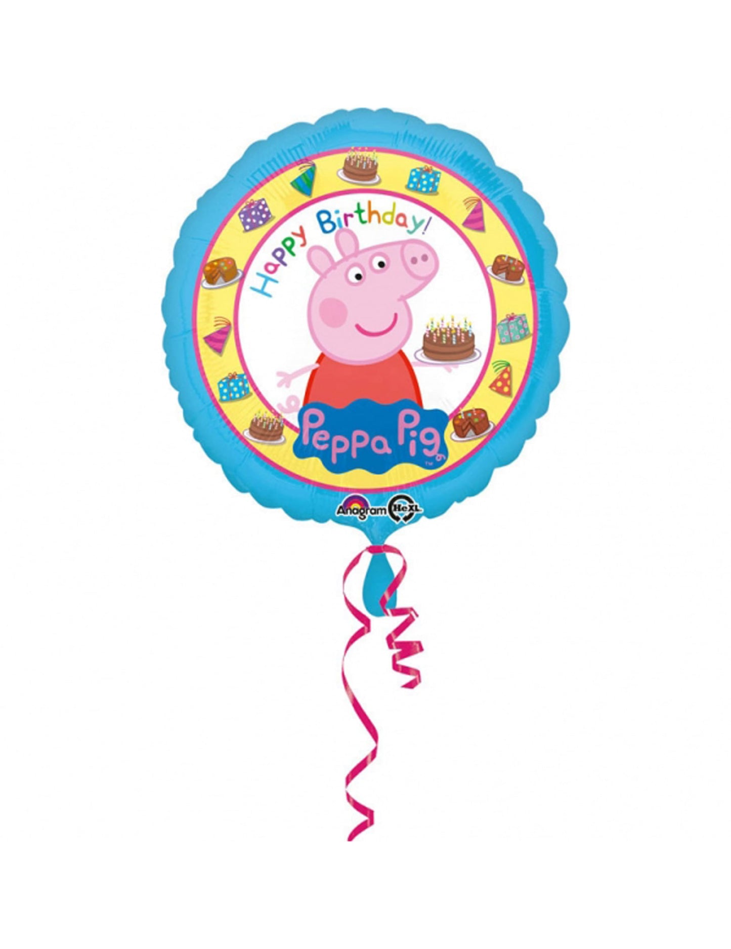 Ballon aluminium Happy Birthday Peppa Pig pour enfant bleu avec gâteau d'anniversaire
