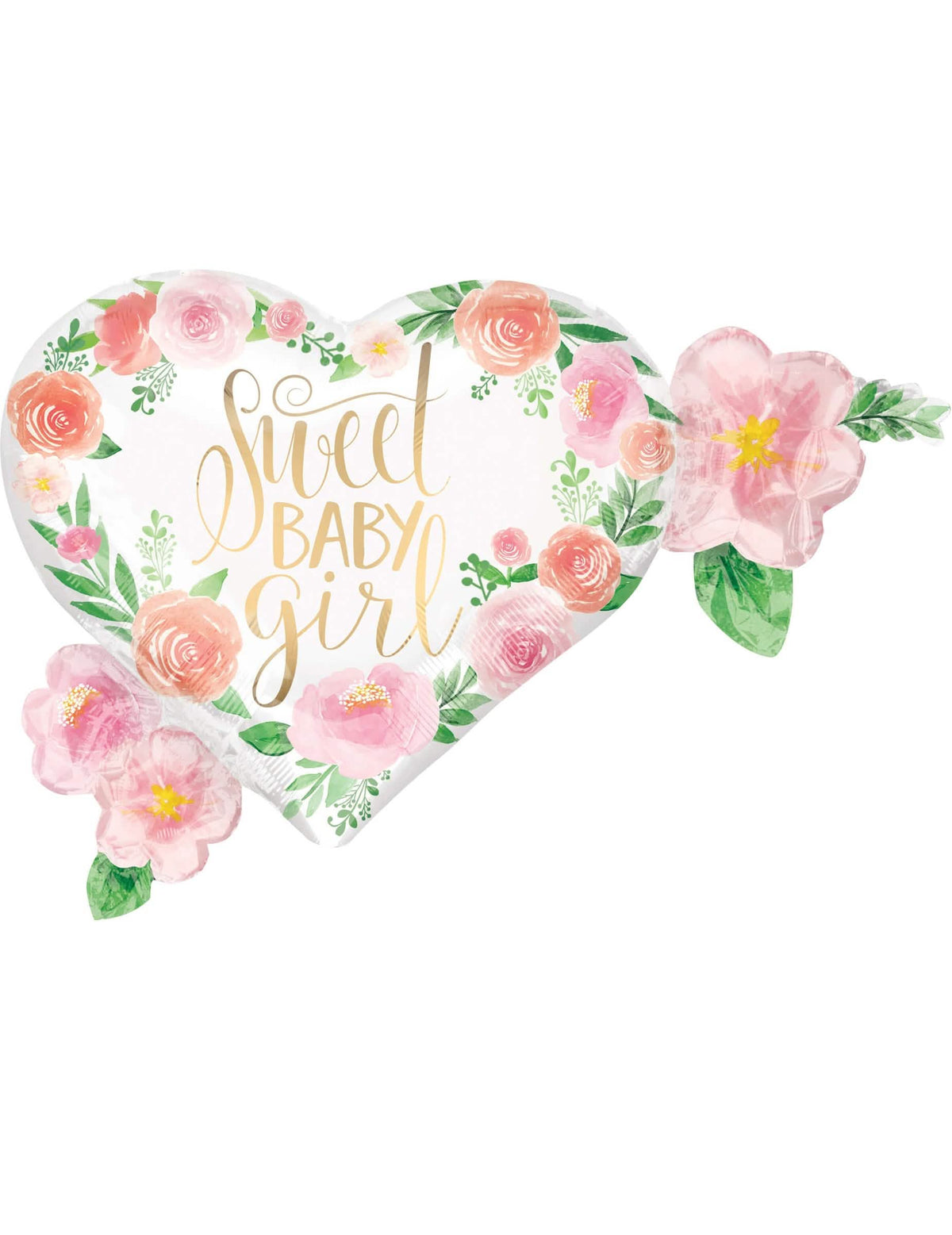 Balon din aluminiu Sweet baby girl pentru baby shower alb cu flori roz și portocaliu