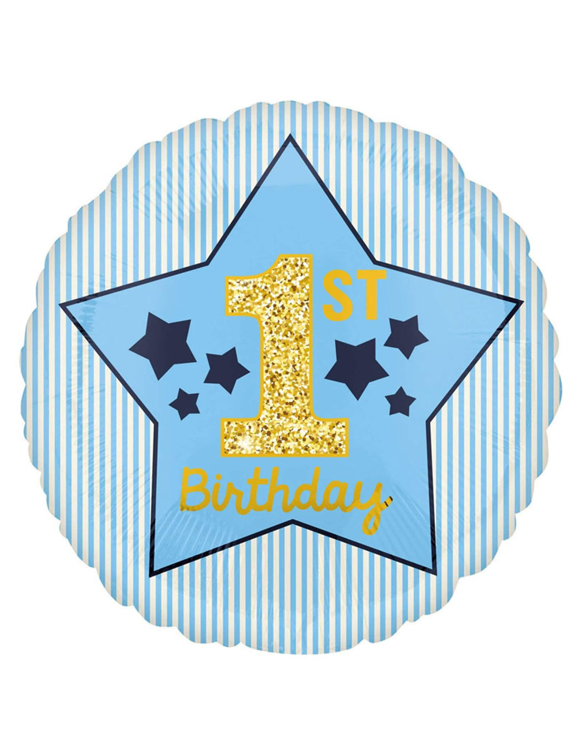 Balon din aluminiu 1st birthday stea pentru băiat albastru cu dungi și cifra 1 aurie