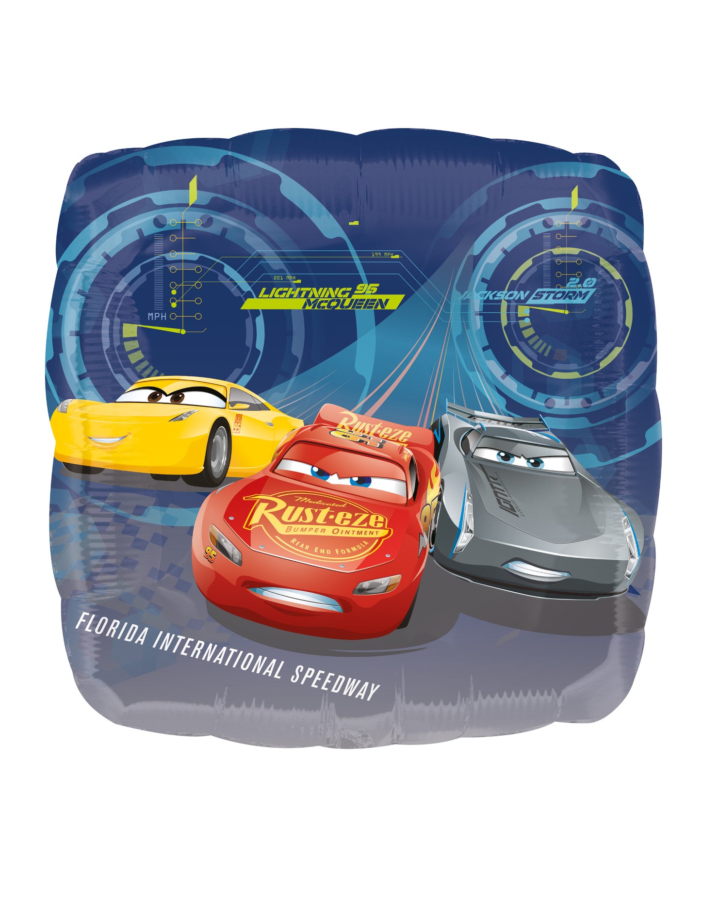 Ballon en aluminium carré Cars 3 bleu avec Flash McQueen Jackson Storm et Cruz Ramirez