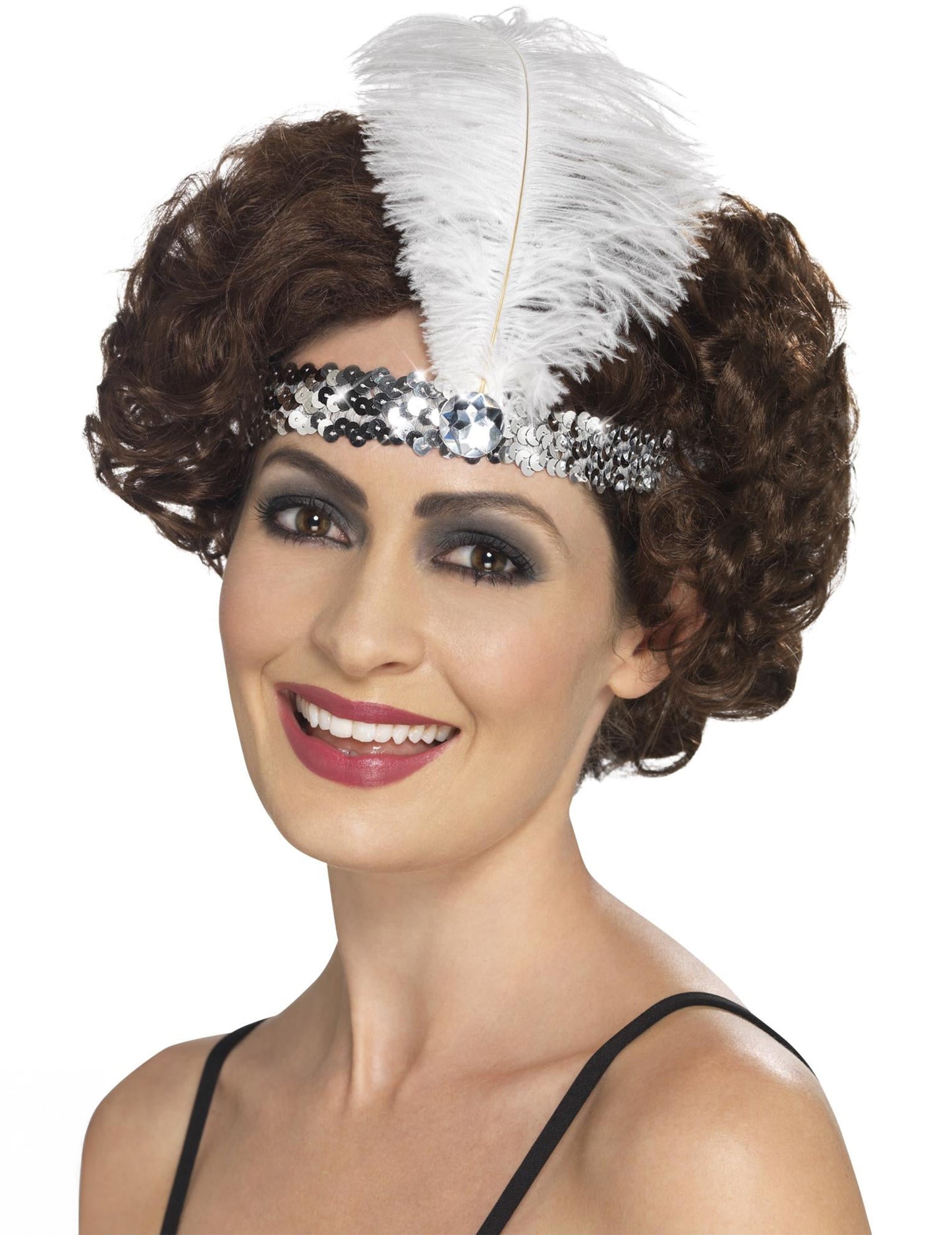 Vue de face du bandeau Charleston à sequins et plume