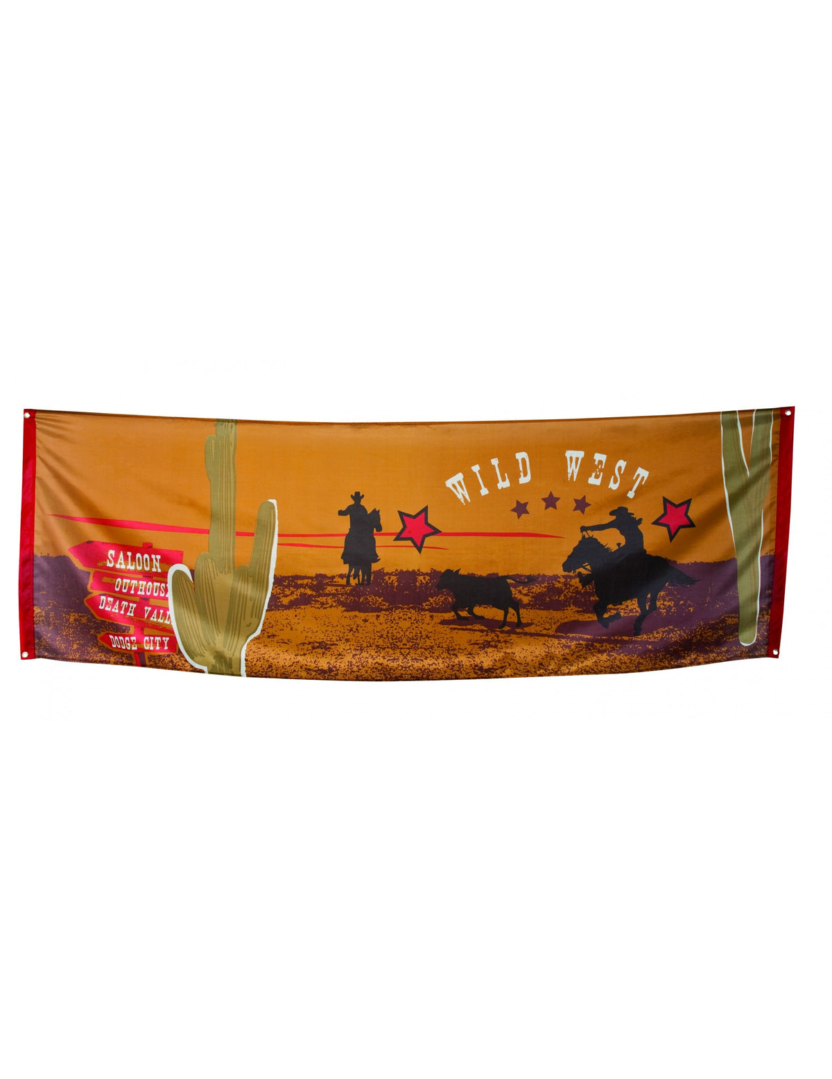 Bannière western pour fête orange et marron avec silhouettes de cowboys et cactus