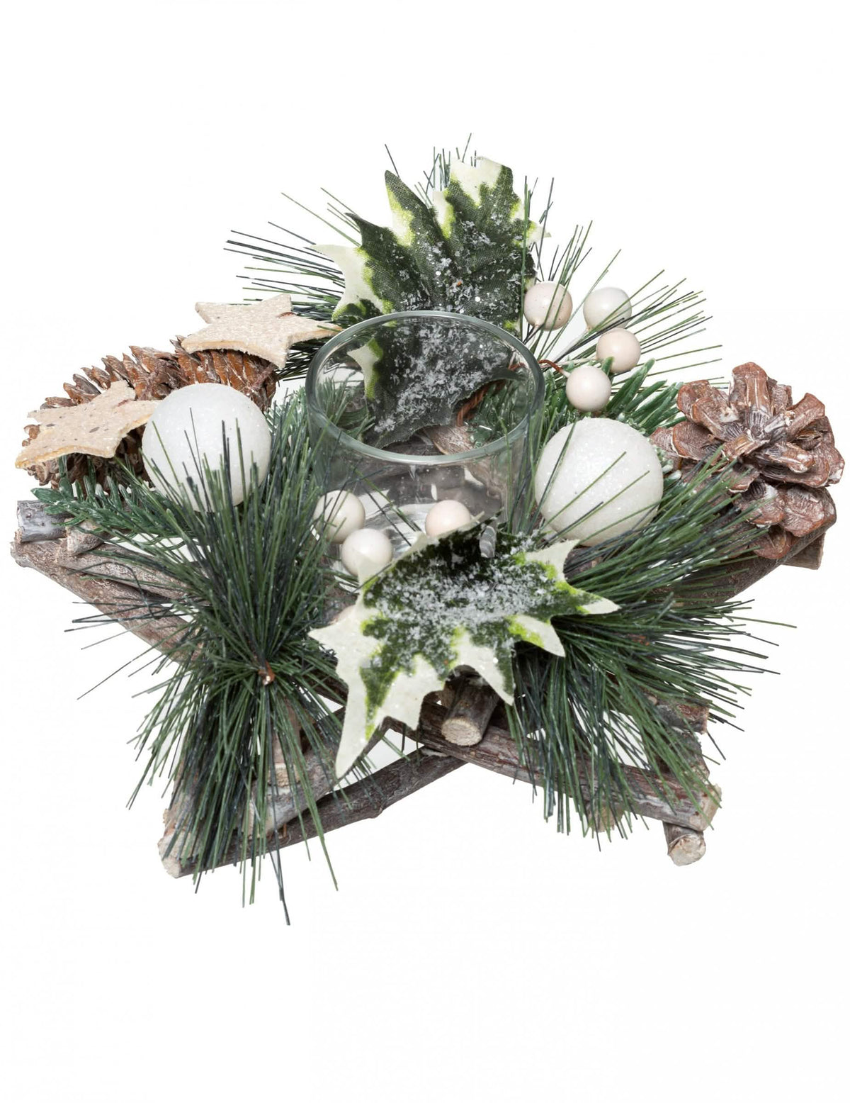 Suport pentru lumânare în formă de stea din lemn pentru decor de crăciun, din lemn natural și verde, cu conuri de pin