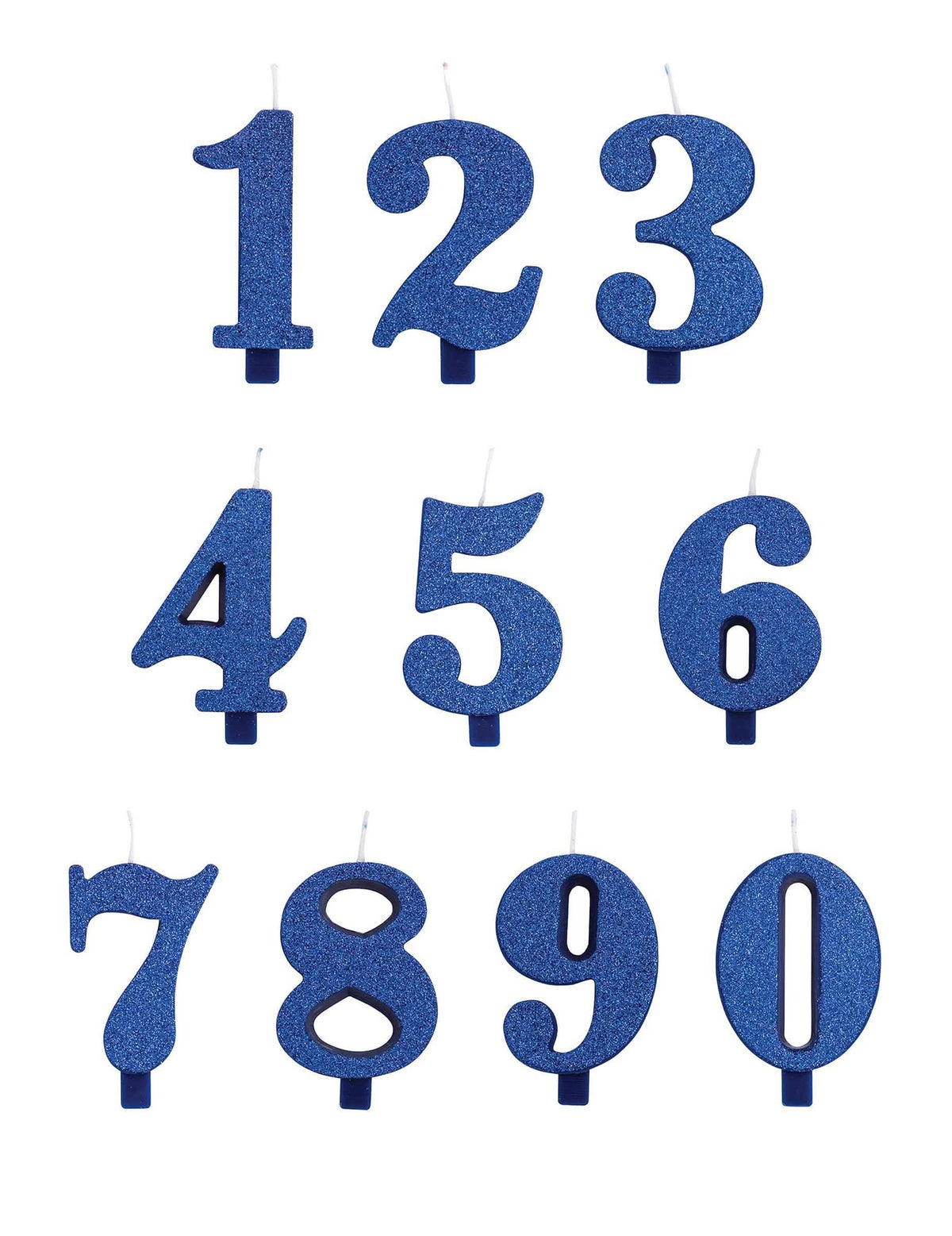 Vue d'ensemble des chiffres de 0 à 9 de la bougie aniversare chiffre bleue pailletée