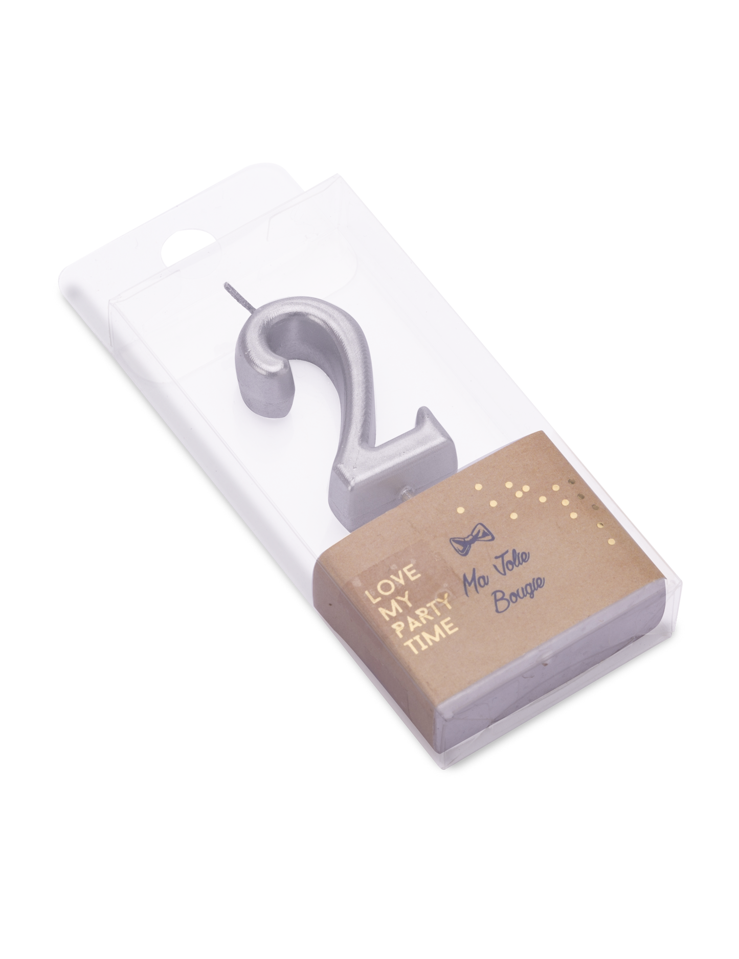 Lumânare de ziua de naștere cu numărul 2 metalic argintiu 4.3 cm pe o știucă