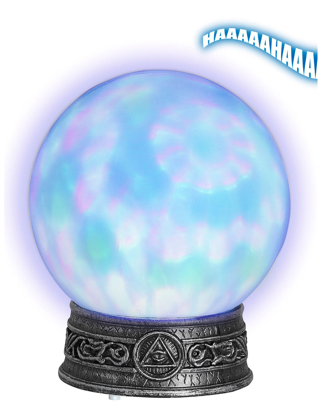 Boule de cristal lumineuse pour décoration bleue et irisée sur socle gris orné