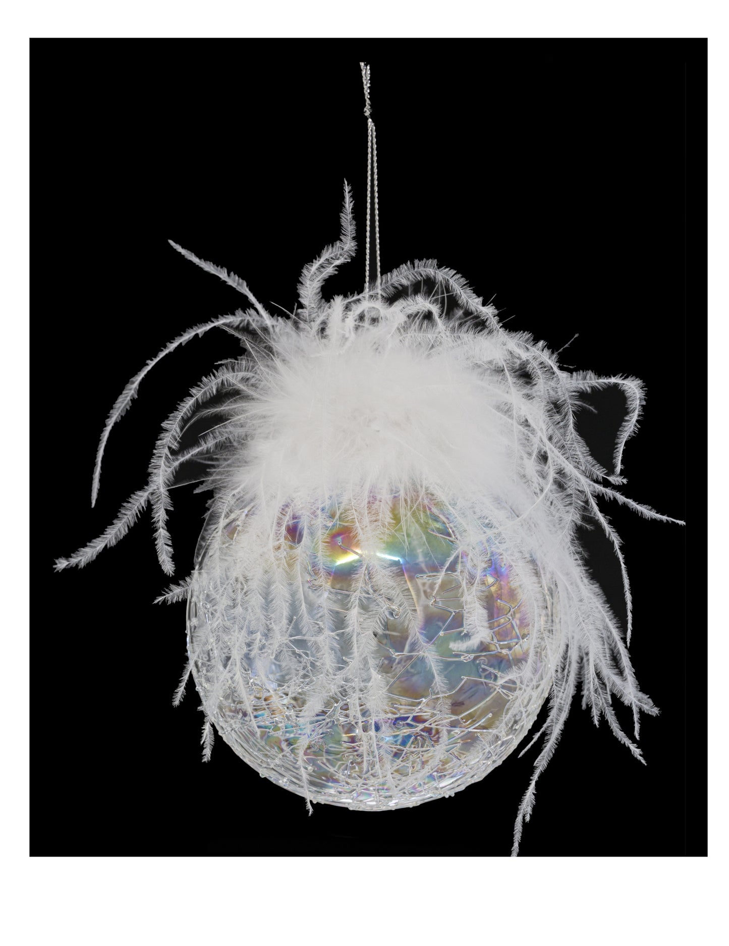 Glob de Crăciun din sticlă iridescentă cu pene 10 cm crăpat