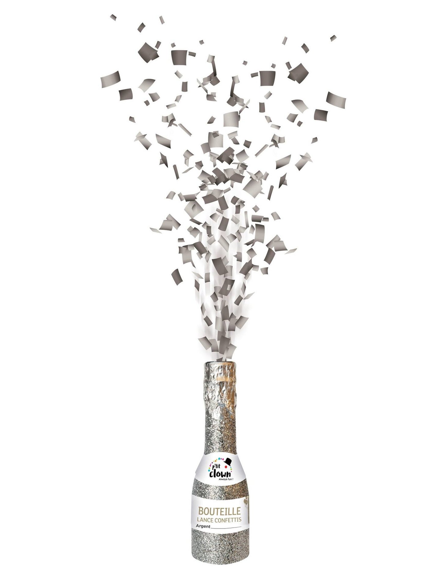 Bouteille argentée canon à confettis 16 cm
