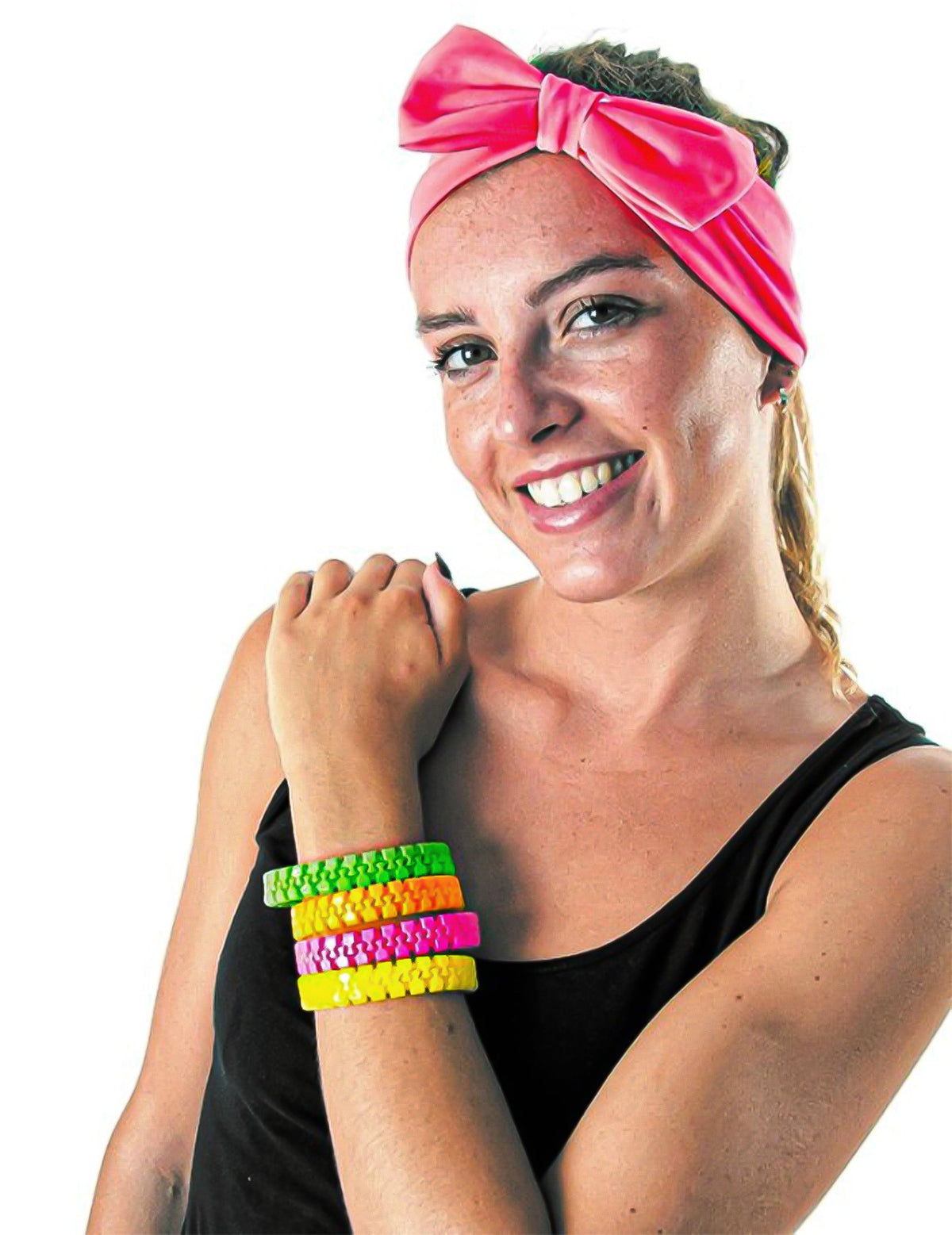 Vue portée au poignet du bracelet zip pour adulte rose fluo