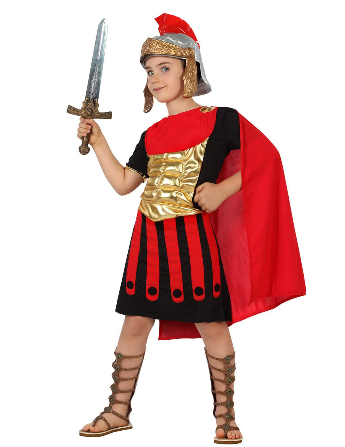 Costum de centurion Roman pentru copil roșu, negru și auriu cu pelerină și cască