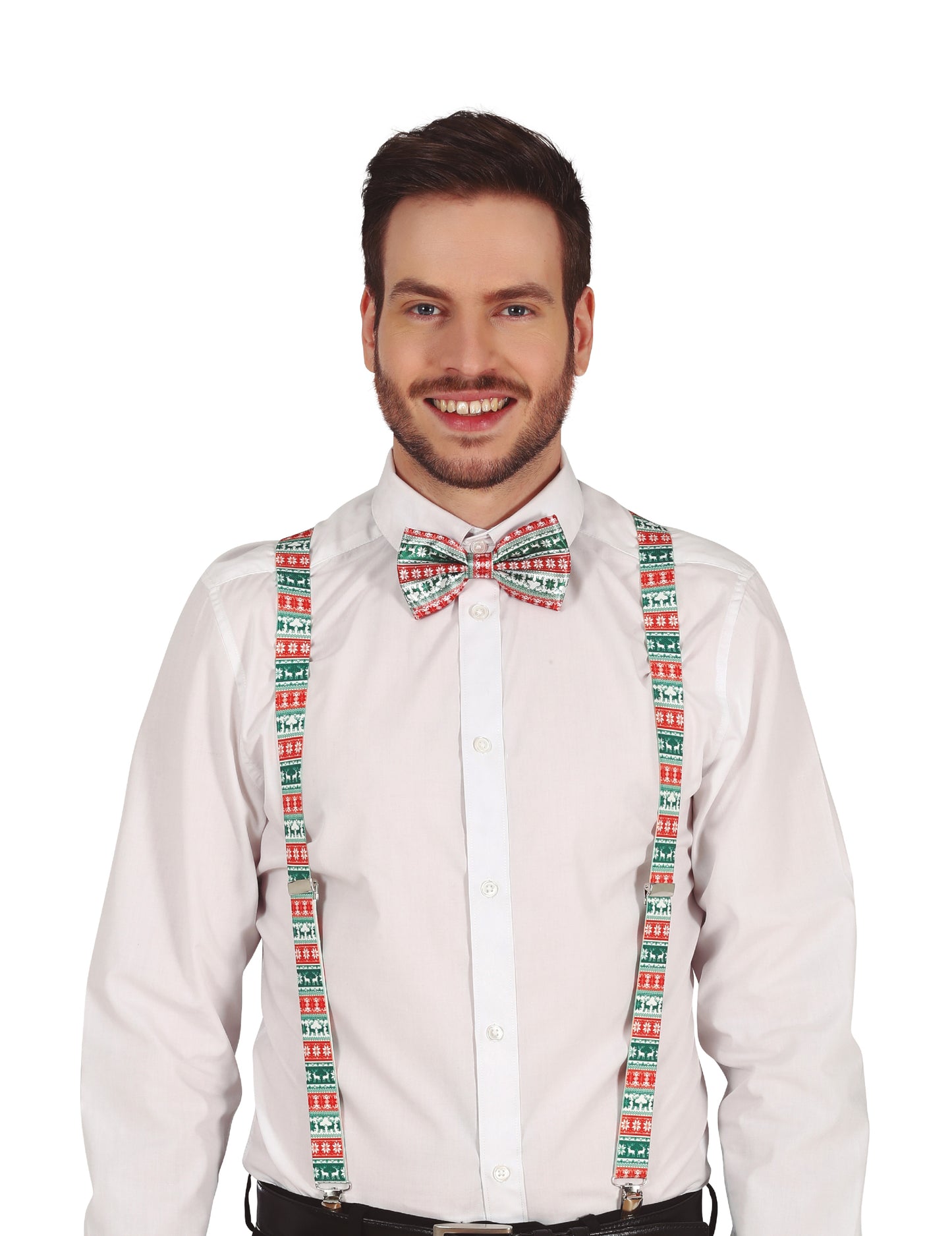 Bretelles motifs de Noël pour adulte rouge et vert avec nœud papillon