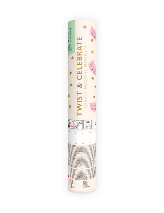Vue de l'emballage du canon à confettis en papier étoiles et chat