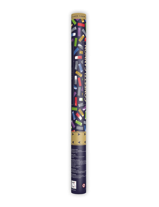 Vue de face du canon à confettis multicolores métalliques