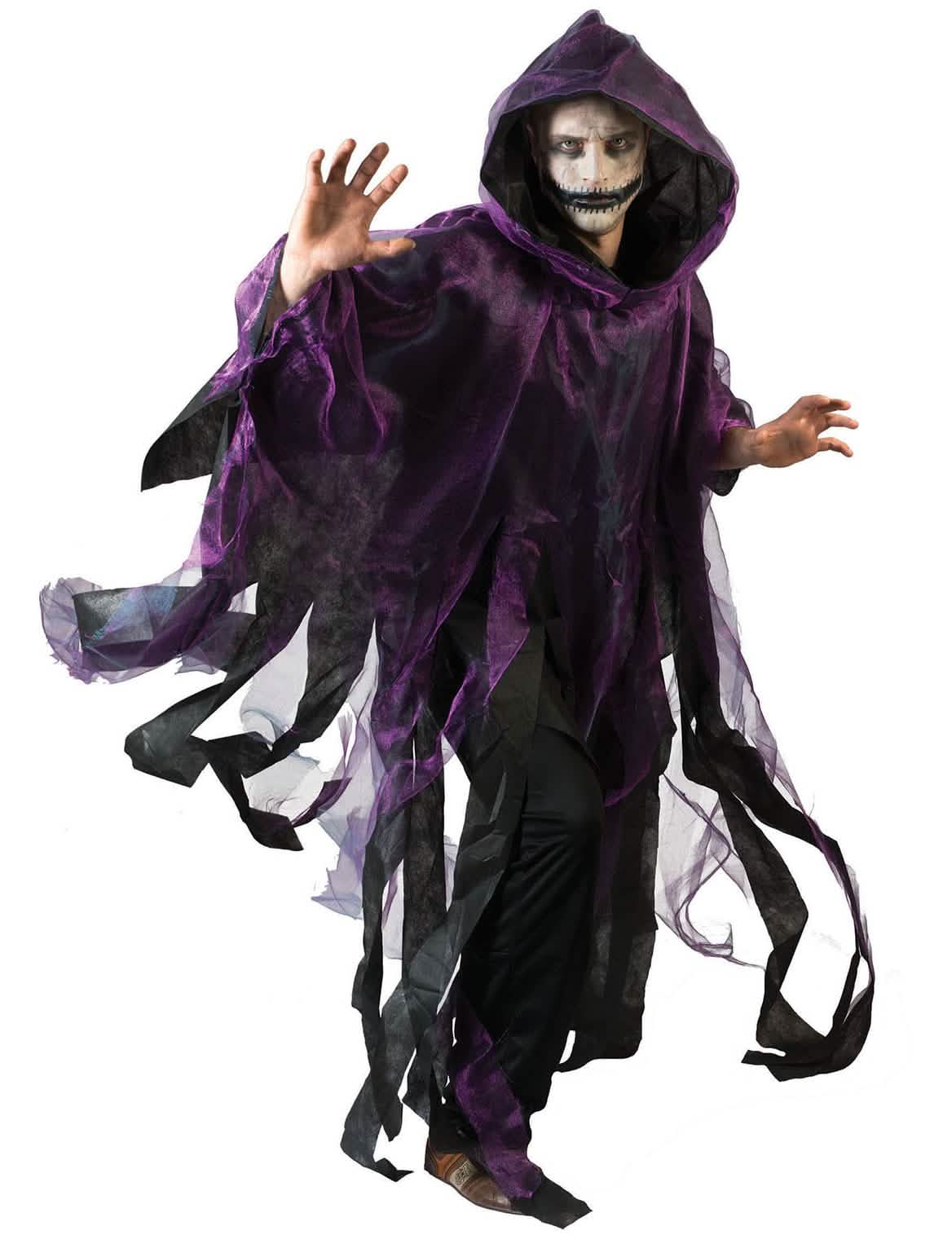 Pelerină halloween pentru adult violetă și neagră cu glugă zdrențuită